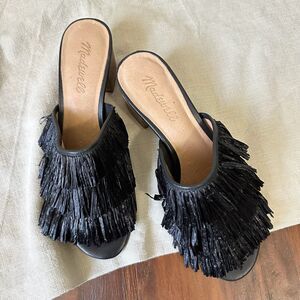 MADEWELL The Devon Fringe Sandals Black Leather Heeled Slide Slip On